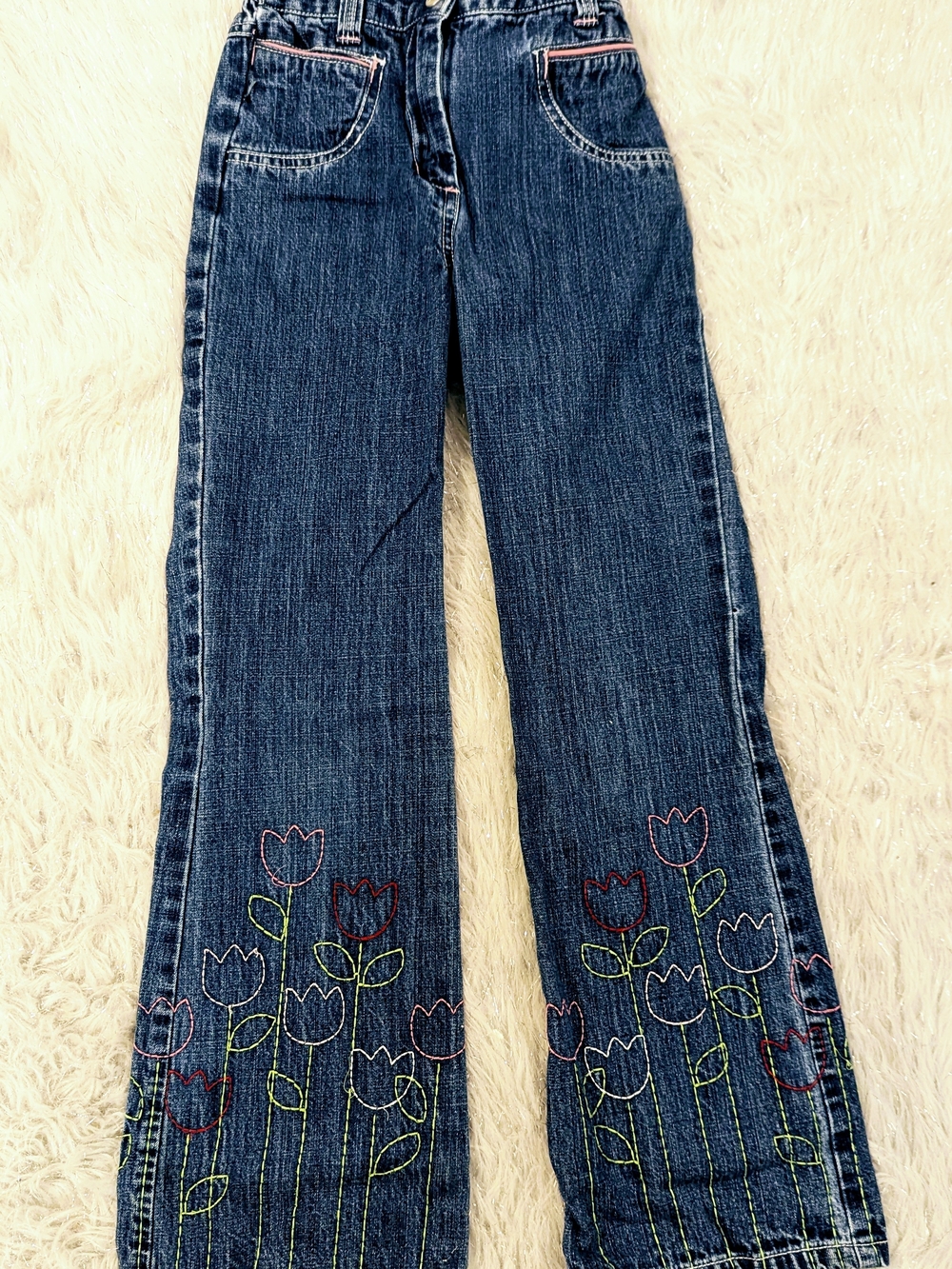 Gymboree Dark Blue Denim Jeans with Multicolor Tulip Embroidery